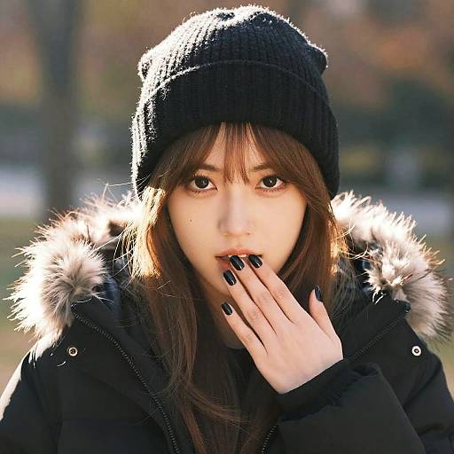 Young Woman in Black Winter Coat and Beanie