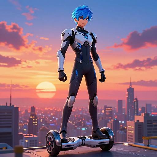Digital art of a blue-haired man with spiky hair, wearing a black and white futuristic bodysuit, standing on a hoverboard against a vibrant