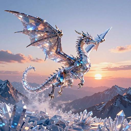 Digital artwork of a shimmering, silver dragon with glowing blue accents, soaring over a mountainous, crystal-filled landscape at sunset.