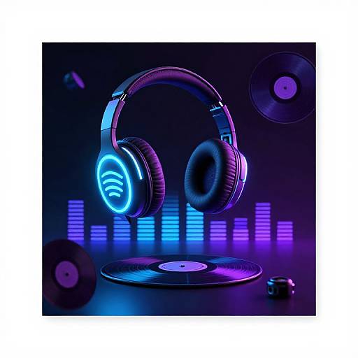 Photograph of glowing blue and purple neon headphones with a circular light pattern, resting on a black surface with illuminated CDs and digital bars in the background.