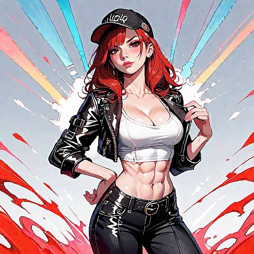 Digital anime-style drawing of a red-haired woman with a toned physique, wearing a black cap, white crop top, and black leather jacket, with dynamic