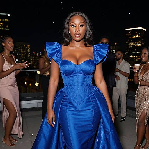 Photograph of a confident Black woman in a vibrant blue, strapless, corset-style gown with puffed shoulders, standing on a rooftop at night