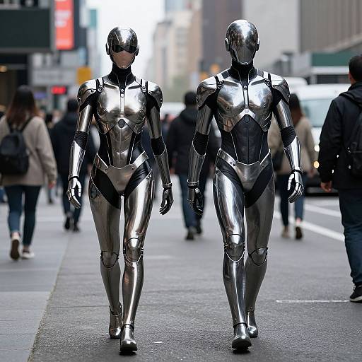 Photograph of two sleek, silver, humanoid robots walking on a busy city street; blurred pedestrians and tall buildings in background.