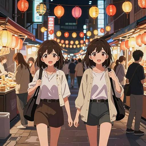 Brunette Anime Girls in Night Market