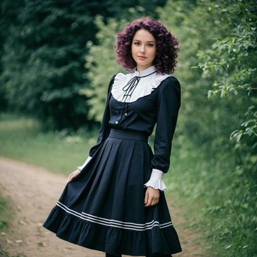 Elegant Woman in Black Victorian-style Dress Outdoors