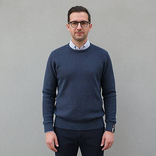Photograph of a man with short dark hair, black-framed glasses, blue textured sweater, white shirt, black pants, standing against a plain gray
