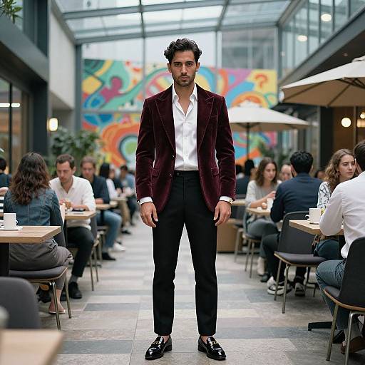 Photograph of a stylish man with curly hair, dark maroon velvet blazer, white shirt, black pants, standing in a vibrant, colorful,