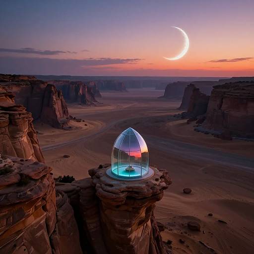 Photograph of a glowing, transparent dome on a desert cliff, illuminated by blue light, under a crescent moon in a purple-orange sunset sky over