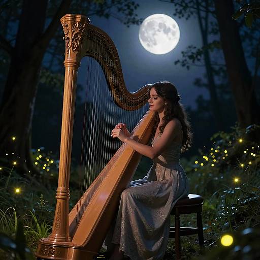 Moonlit forest scene: young woman with long brown hair, wearing a silver dress, playing a ornate wooden harp, surrounded by glowing fireflies