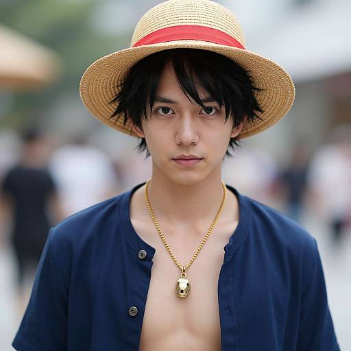 Photograph of an Asian man with black hair, wearing a straw hat with red band, gold necklace, and unbuttoned navy shirt, standing in