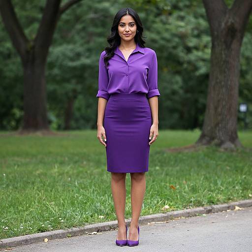 Photograph of a young woman with long black hair, wearing a purple button-up blouse, knee-length skirt, and matching heels, standing on a park