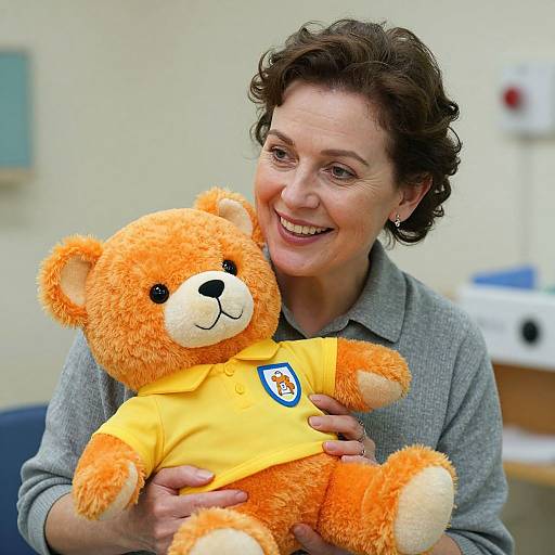 Photograph of a smiling middle-aged woman with short curly brown hair, wearing a gray sweater, holding an orange teddy bear in a yellow shirt,
