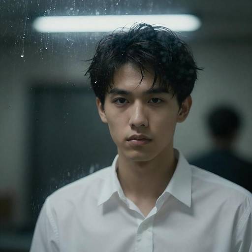 Rain-Soaked Portrait Under Neon Strip Light