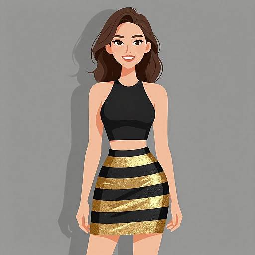 Digital illustration of a smiling woman with brown hair, wearing a black crop top and gold and black striped mini-skirt, against a gray background.