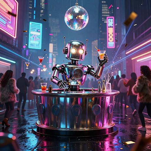 Neon-lit cyber bar scene with metallic robot bartender, serving cocktails, under a hanging disco ball, amidst colorful, vibrant, busy crowd.
