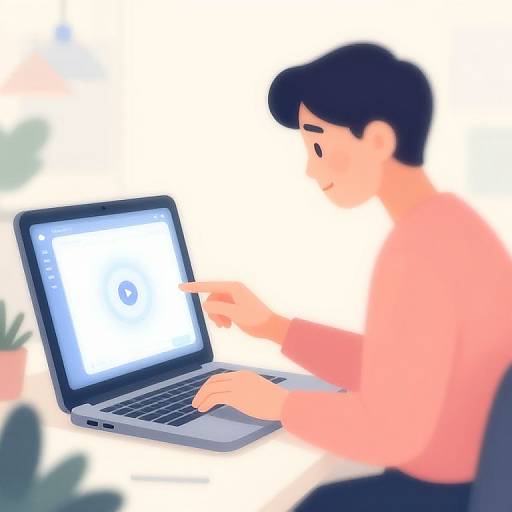 Digital illustration of a person with short black hair, wearing a pink shirt, using a laptop with a screen displaying a circular interface. Blurred background.