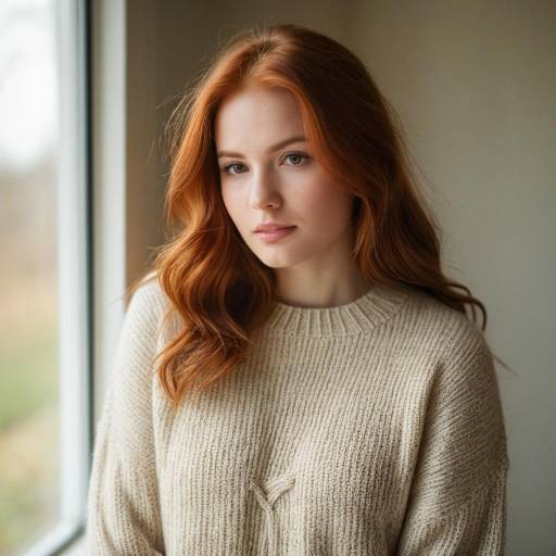 Young Woman with Red Hair in Beige Sweater by Window
