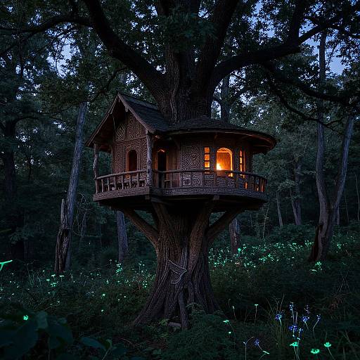 Photograph of a whimsical, wooden treehouse with glowing orange lights, nestled in a dark, enchanted forest, surrounded by fireflies.