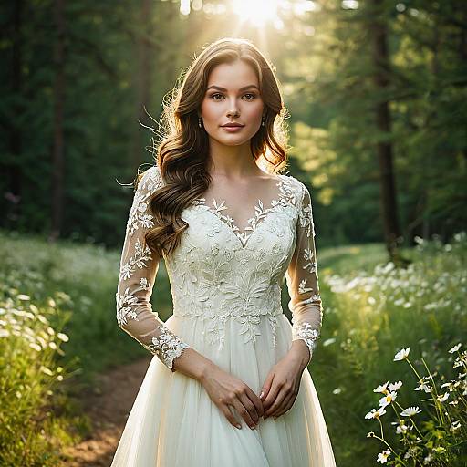 Woman in Elegant Wedding Dress on Forest Path