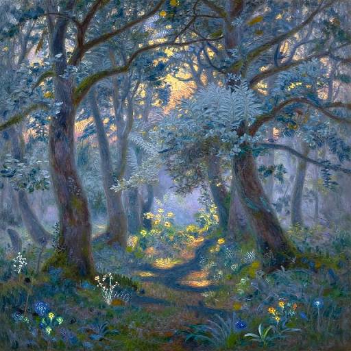 Dreamy forest scene with glowing yellow light filtering through blue and green foliage, surrounded by ethereal, luminescent flowers and winding path. Digital painting