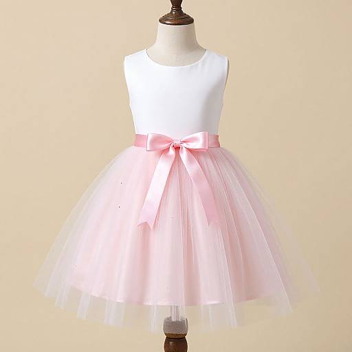 Photograph of a white sleeveless dress with a pink tulle skirt and pink ribbon bow, displayed on a dress form against a plain beige background.