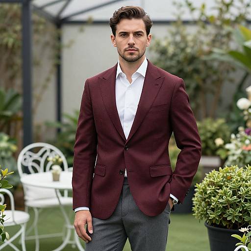 Photograph of a handsome man with dark hair, trimmed beard, wearing a maroon blazer, white shirt, and gray pants, standing in a