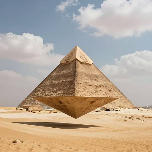 Photograph of two ancient, weathered pyramids standing in a sandy desert under a bright blue sky with scattered white clouds.