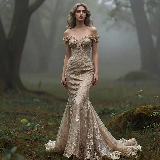 Ethereal Woman in Misty Forest Gown