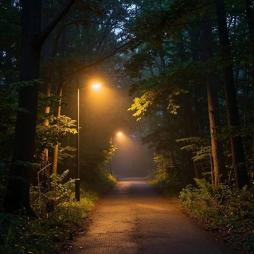 Photograph of a dimly lit, foggy forest path at night, illuminated by warm, glowing streetlights, surrounded by dense, dark green trees