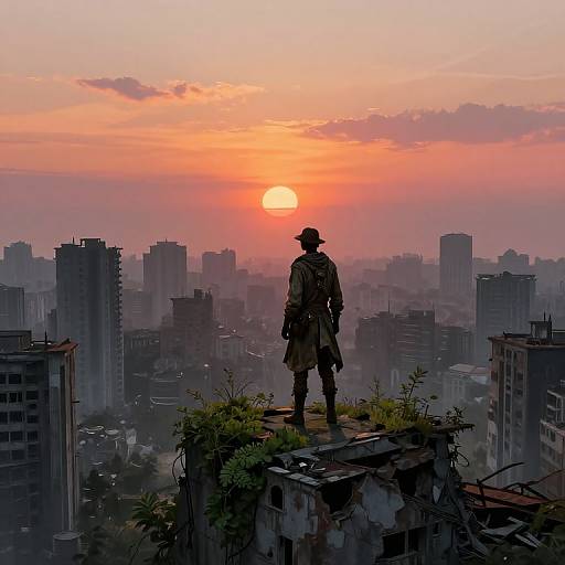 Digital art: Silhouetted figure in trench coat and hat stands on rooftop, overlooking foggy cityscape at vibrant orange sunset. Urban buildings surround