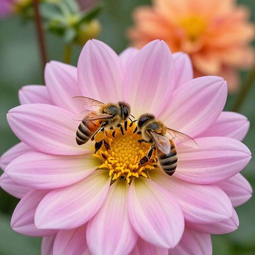 Close-up photograph of two honeybees on a pink daisy with a yellow center, surrounded by blurred orange flowers in the background.
