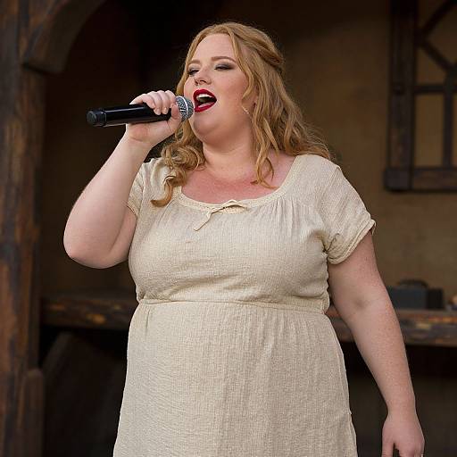 Photograph of a fair-skinned, red-haired woman with wavy hair, wearing a cream, short-sleeved dress, singing into a black