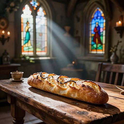 Photograph of a golden-brown, crusty loaf of bread on a rustic wooden table in a dimly lit, sunbeam-lit church with