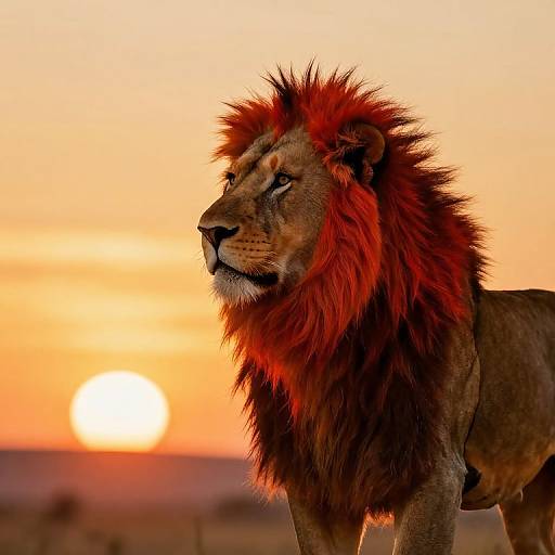 Photograph of a majestic male lion with a vibrant red mane, standing in a savanna at sunset, with the sun partially visible in the orange sky