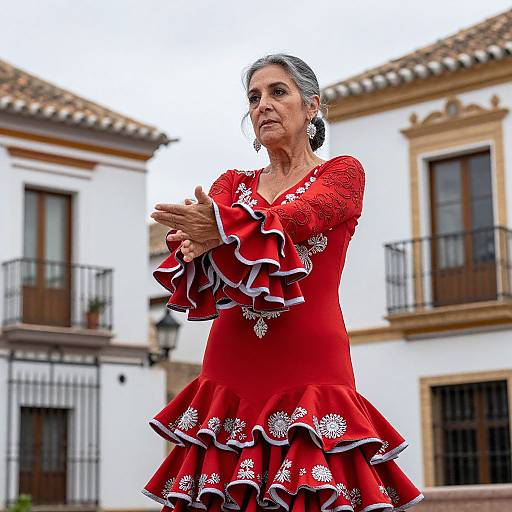 Photograph of an elderly woman with gray hair, wearing a red, ruffled Flamenco dress with white floral embroidery, standing with arms crossed against white