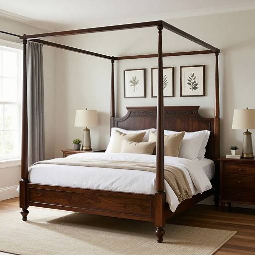 Photograph of a modern bedroom featuring a dark wooden four-poster bed with white linens, two framed botanical prints, and matching bedside tables with lamps