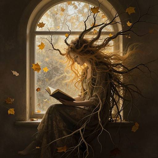 Photograph-style digital art of a woman with long, flowing blonde hair and tree-like branches, reading by a sunlit window with falling autumn leaves.