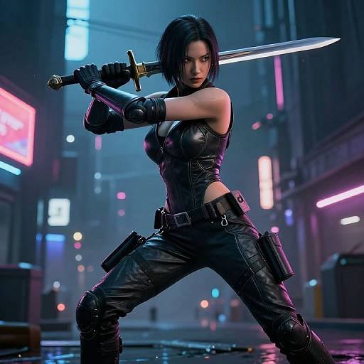 Digital artwork of a fierce, black-haired woman in black leather outfit, wielding a glowing sword in a neon-lit cyberpunk city street.
