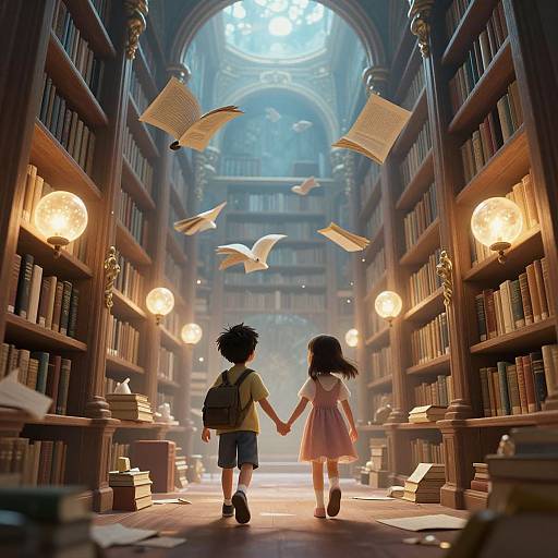 Digital illustration of a boy and girl holding hands, walking down a magical library aisle with floating books and glowing lights.