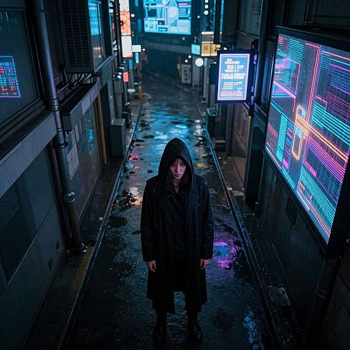 Cyberpunk night alley photograph: hooded figure in dark coat stands on wet, neon-lit street with vibrant signs and reflections.