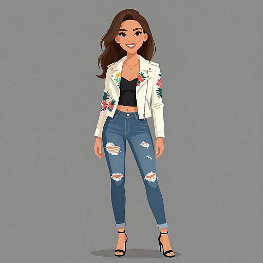 Digital illustration of a smiling woman with long brown hair, wearing a white floral jacket, black crop top, ripped blue jeans, and black high heels,