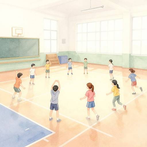 Watercolor-style digital drawing of a group of children playing basketball in a brightly lit gym, wearing casual clothes, with a blue court and green walls.