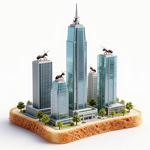 Photorealistic 3D model of modern skyscrapers with black ants on rooftops, surrounded by a sandy landscape, small trees, and a