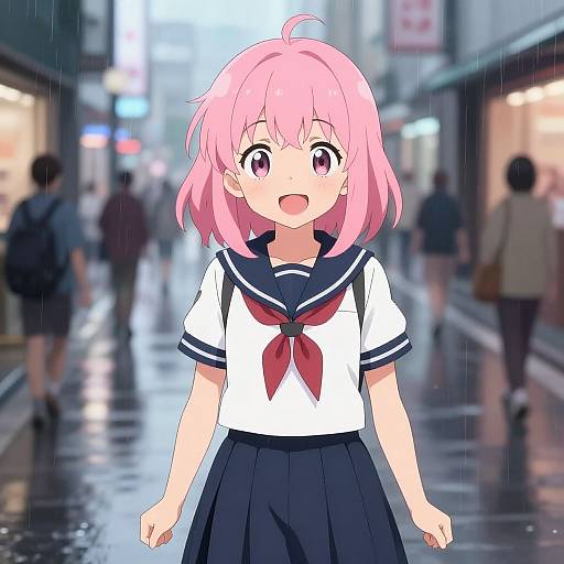 Cheerful Anime Schoolgirl in Rain