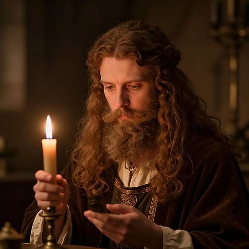 Photograph of a long-haired, bearded man with a serious expression, holding a lit candle, dressed in medieval-style dark robes, in a dim