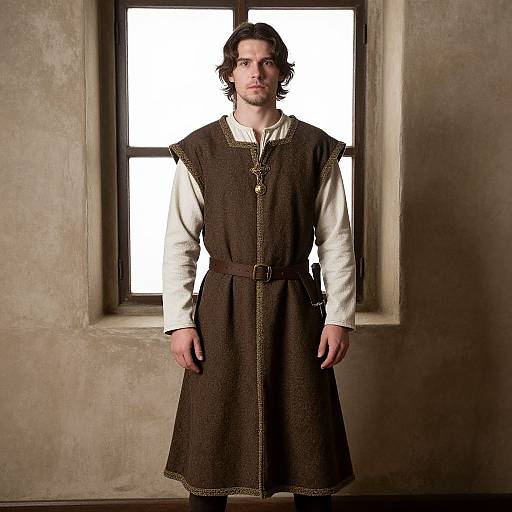 Photograph of a serious, curly-haired man in medieval-style brown vest over white shirt, standing in front of a bright window.