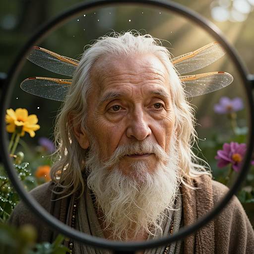 Photograph of an elderly white man with long white hair, white beard, wearing transparent dragonfly wings, reflected through a circular metal frame, surrounded by