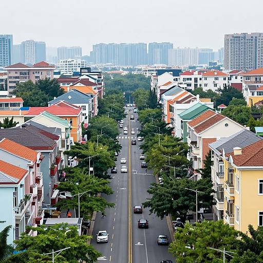 Symmetrical Urban Streetscape with Colorful Buildings