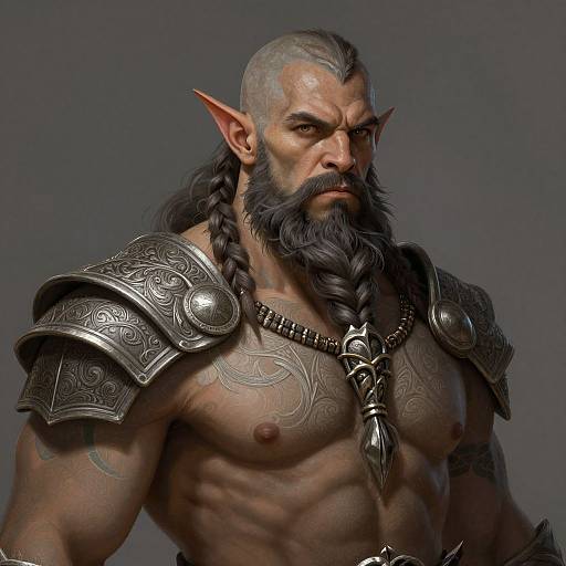 CGI image of a muscular, bald, dark-skinned orc with braided beard, pointed ears, ornate silver armor, and intricate chest tattoos