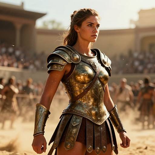 Photorealistic digital artwork of a determined young woman in ancient Roman-style armor, with a golden breastplate and skirt, standing in a sunlit arena